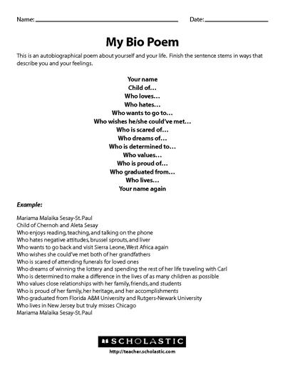 Writing a Bio Poem | Parents | Scholastic.com