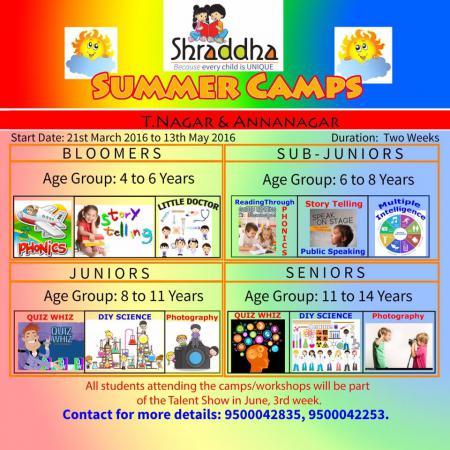 Shraddha Summer Camps at Anna Nagar & T.Nagar – Kids